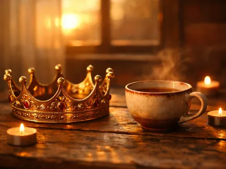 Corona dorata posata su un tavolo accanto a una tazza di tè all'alba - personalità del Leone