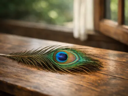 Una pluma de pavo real sobre una mesa de madera