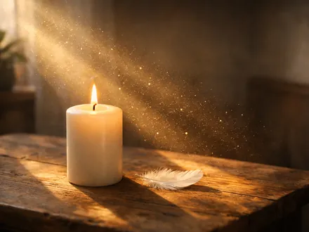 Une bougie allumée et une plume blanche dans un rayon de lumière