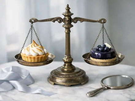 Balanza antigua de latón con dos pasteles en perfecto equilibrio - carácter de Libra