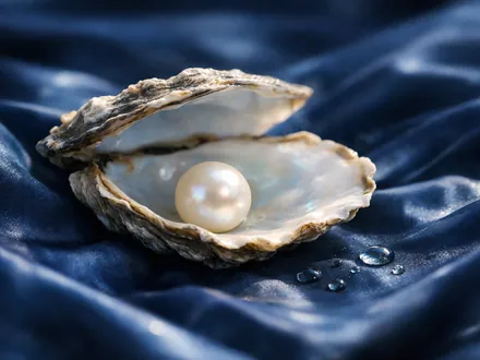 Ostra aberta com uma pérola sobre seda azul-noite - personalidade do Escorpião