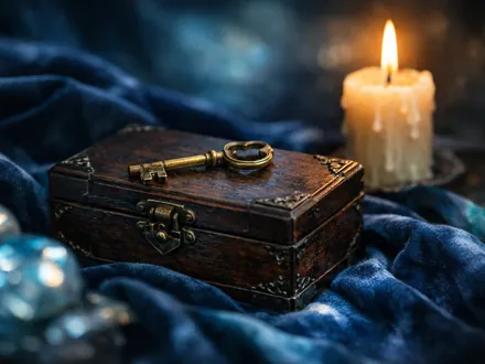 Cofre antigo fechado e chave de latão junto a uma vela sobre veludo azul - carácter do Escorpião