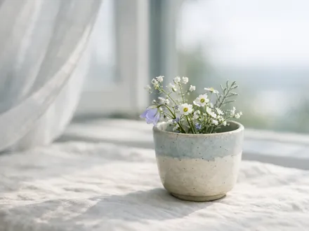Taza de cerámica imperfecta con flores silvestres junto a una ventana abierta - personalidad de Libra