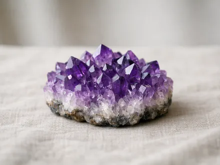 Eine violette Amethystdruse auf Leinen