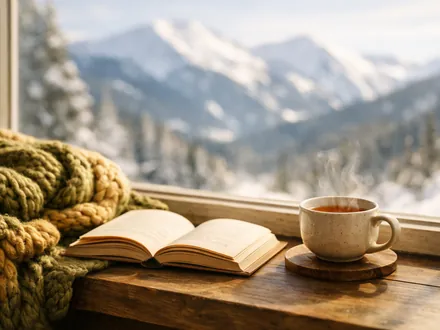 Coperta a maglia, libro aperto e tazza di tè davanti alle montagne innevate - personalità del Capricorno