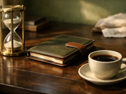 Scrivania scura con clessidra, agenda in pelle e caffè nero - carattere del Capricorno