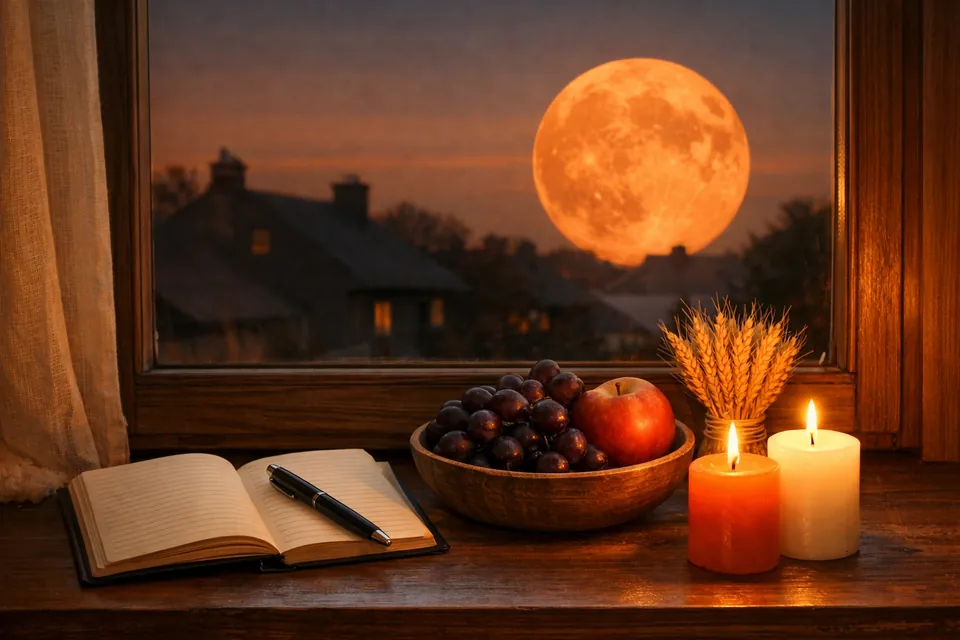 Altare di Mabon sul davanzale sotto la luna piena del raccolto - rituale dell'equinozio d'autunno