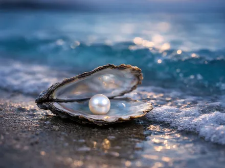 Ostra aberta com uma pérola à beira das ondas turquesa - personalidade do Peixes