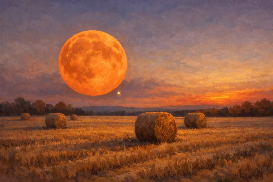 Luna piena arancione che sorge su un campo mietuto con balle di fieno - Luna del raccolto 2026