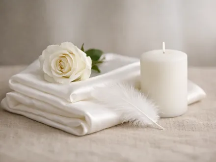 A folded white silk with a white feather, rose and candle
