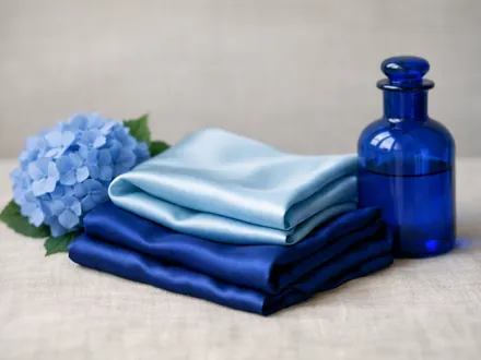 Una seda azul doblada con una hortensia y un frasco de vidrio azul