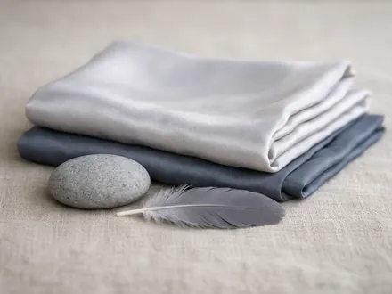 A folded gray silk with a pebble and a dove feather