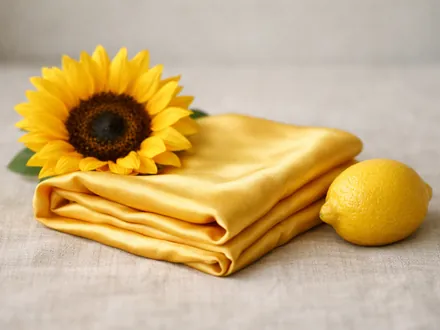 A folded yellow silk with a sunflower and a lemon
