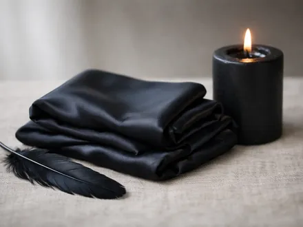 Una seta nera piegata con una candela e una piuma nere