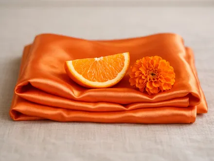 Uma seda laranja dobrada com uma rodela de laranja e um malmequer