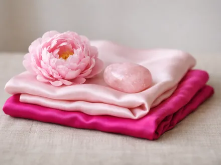 A folded pink silk with a peony and a rose quartz