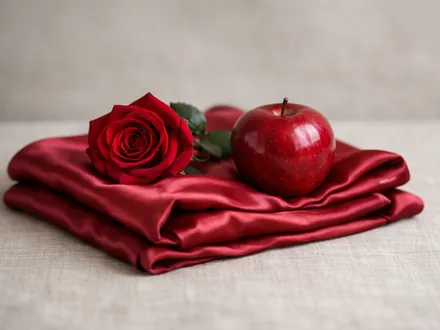 Una seta rossa piegata con una rosa rossa e una mela