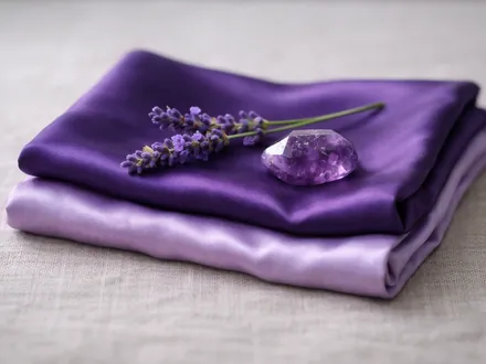 Una seta viola piegata con un rametto di lavanda e un’ametista