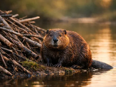 Un castoro sulla riva di un fiume tranquillo, accanto alla sua diga di rami