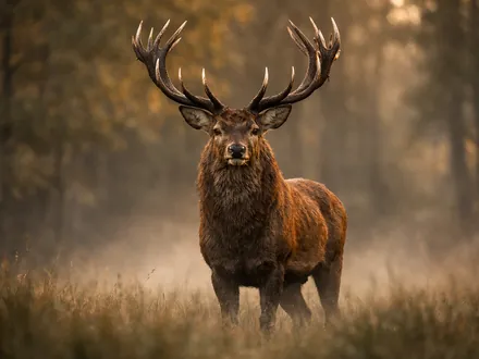 Un cervo dai grandi palchi in una radura avvolta dalla nebbia