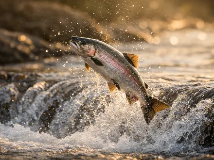Un salmone selvatico che salta sopra una piccola cascata
