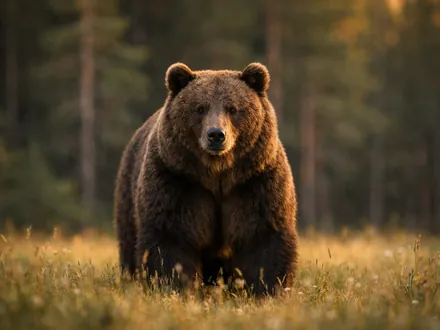 Un oso pardo de pie, tranquilo, en una pradera al borde de un pinar