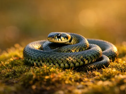 Una culebra enroscada sobre un musgo calentado por el sol, con las escamas brillantes