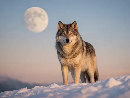 Un lobo gris de pie en una cresta nevada, bajo una luna pálida que se alza
