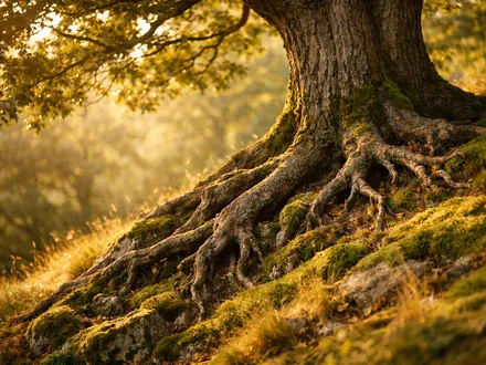 Old oak tree with deep roots on a mossy hillside - Taurus personality