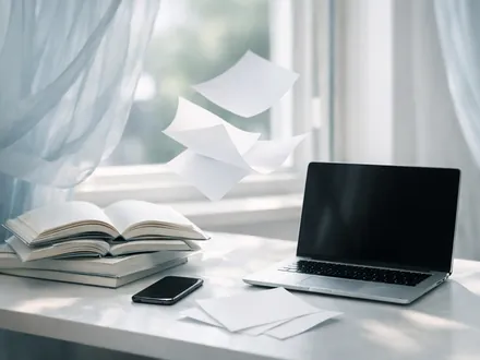 Secretária luminosa com livros abertos, portátil e folhas a voar junto a uma janela - como enlouquecer um Gémeos