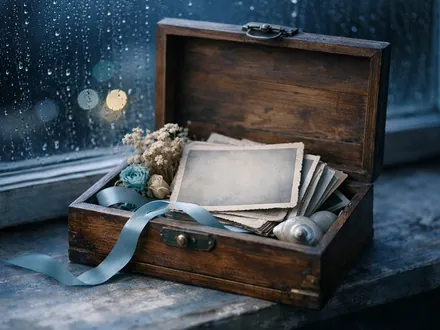 Wooden keepsake box full of old photos and dried flowers by a rainy window - how to drive a Cancer crazy