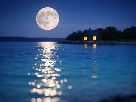 Full moon rising over a turquoise sea and a lit cottage on the shore - Cancer personality
