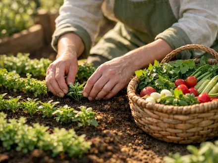 Mani di un giardiniere che curano file di erbe aromatiche accanto a un cesto di raccolto - carattere della Vergine