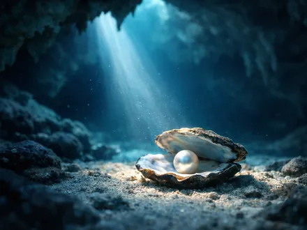 Pérola numa ostra aberta no fundo de uma gruta submarina turquesa - carácter do Escorpião