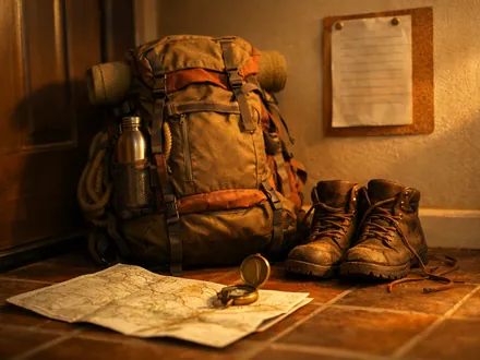 Mochila e botas de caminhada junto a uma porta fechada, mapa e bússola no chão - como enlouquecer um Sagitário