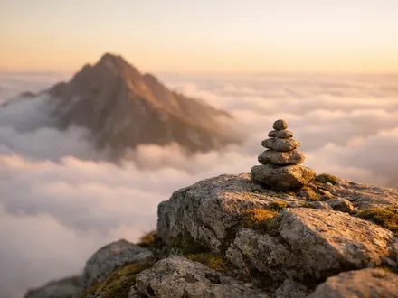 Cume de montanha acima de um mar de nuvens com um marco de pedras ao nascer do sol - carácter do Capricórnio