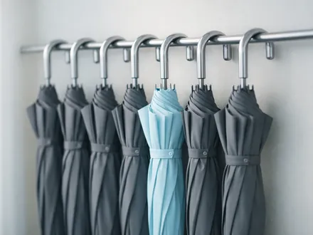 Fila de guarda-chuvas cinzentos iguais com um único guarda-chuva azul-claro - como enlouquecer um Aquário