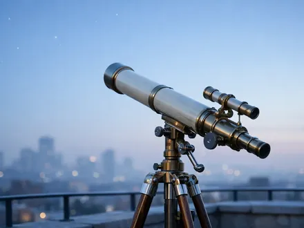 Telescópio num terraço apontado para um céu pálido de madrugada - carácter do Aquário