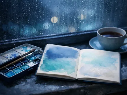 Caixa de aguarelas, pincéis e caderno de aguadas junto a uma janela com chuva - como enlouquecer um Peixes