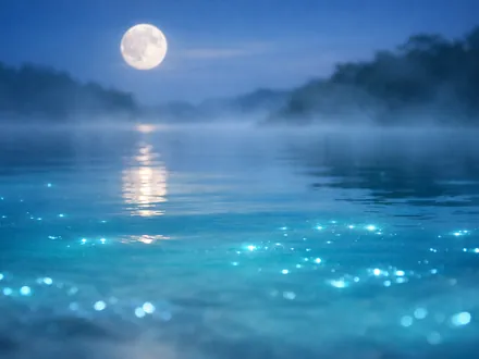 Lagoa turquesa à hora azul com reflexos luminosos e lua cheia na bruma - carácter de Peixes