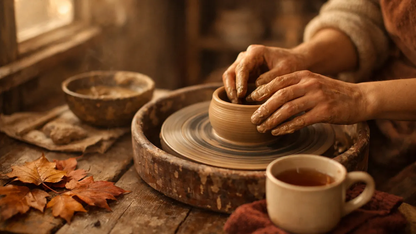 Hands shaping clay on a pottery wheel in an autumn workshop, Taurus anti-blues remedy