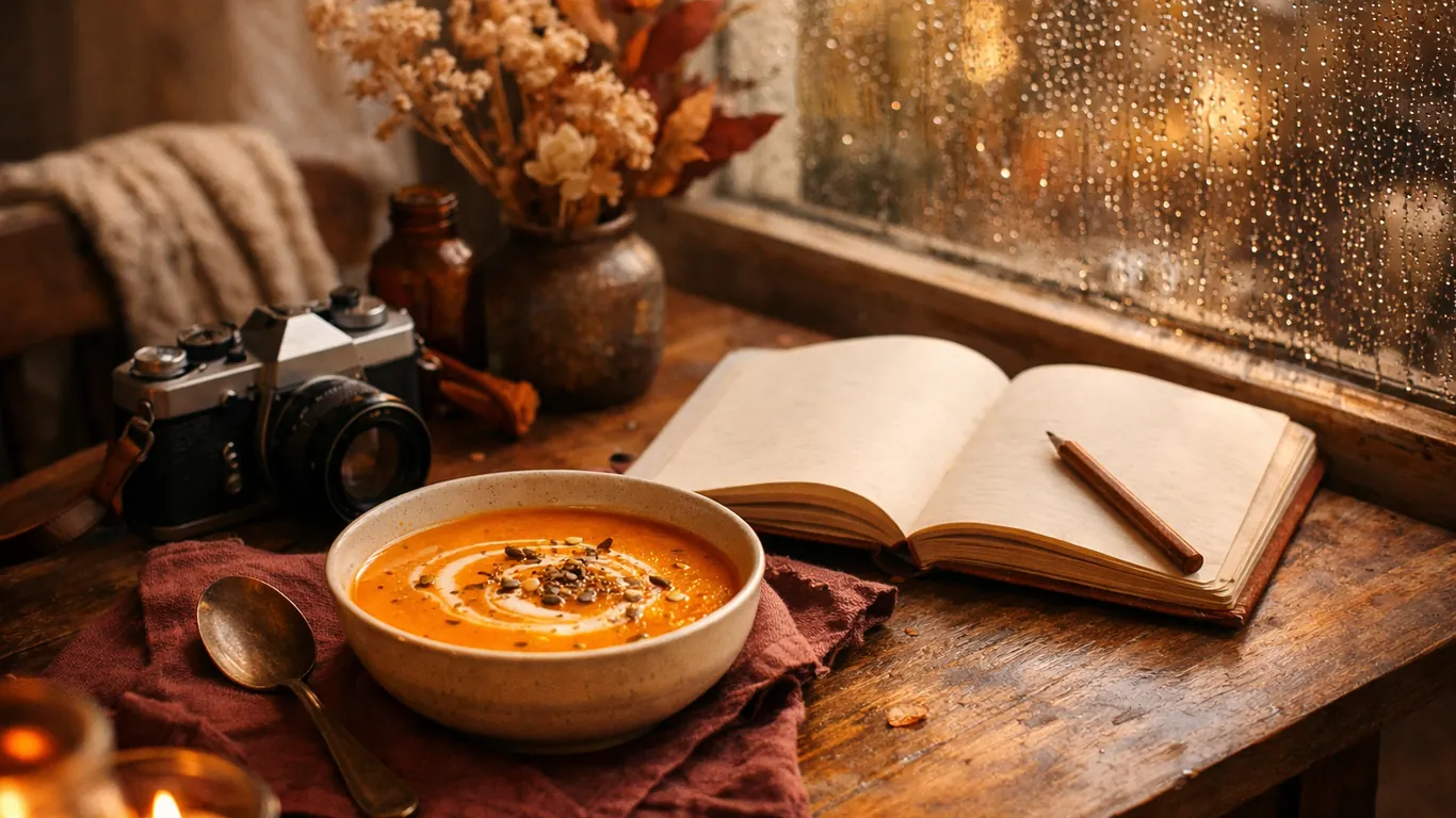Pumpkin soup, an open notebook and a camera on a kitchen table on a rainy day, Cancer anti-blues remedy