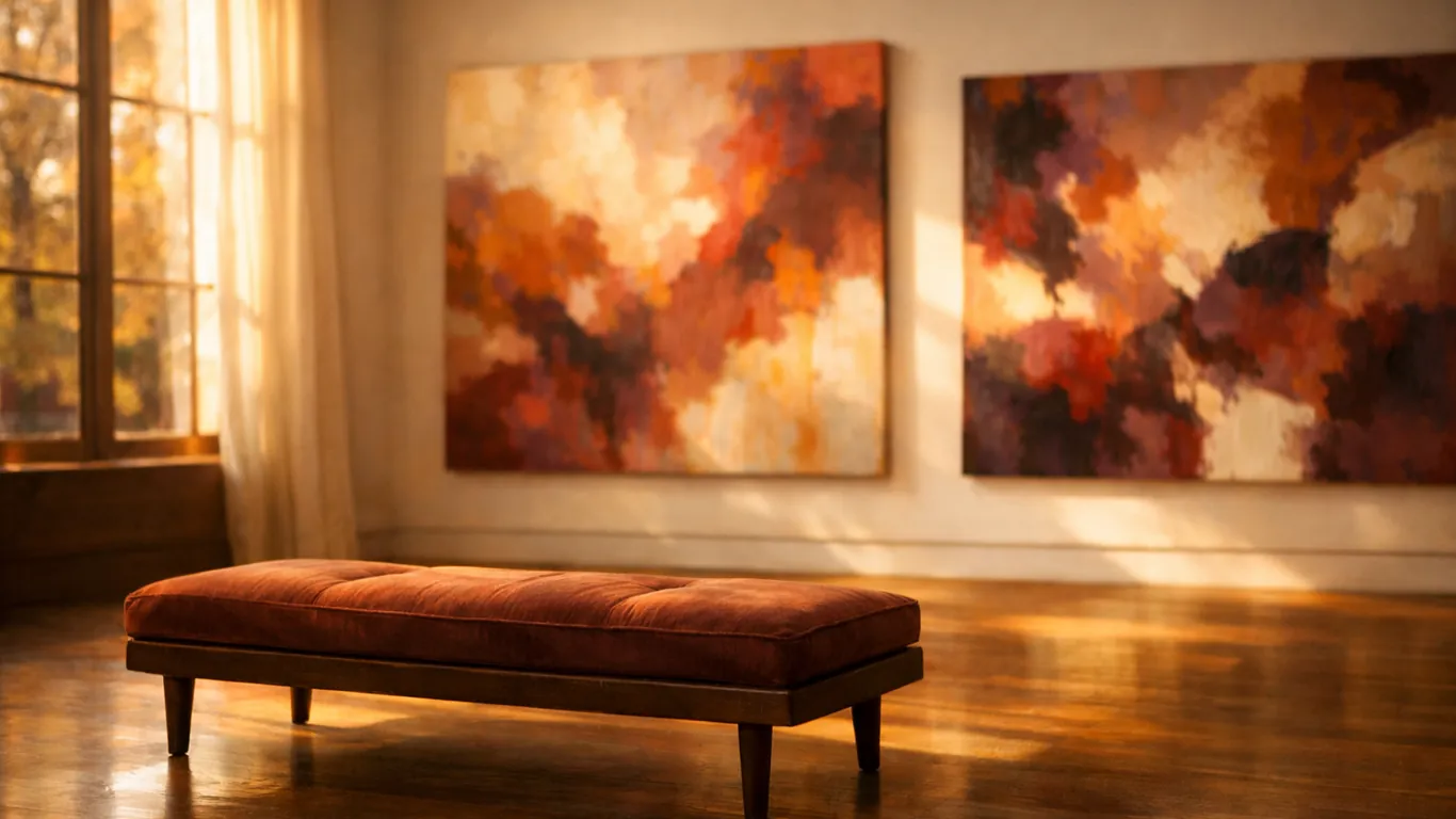 Museum bench facing large colorful paintings in autumn light, Libra anti-blues remedy