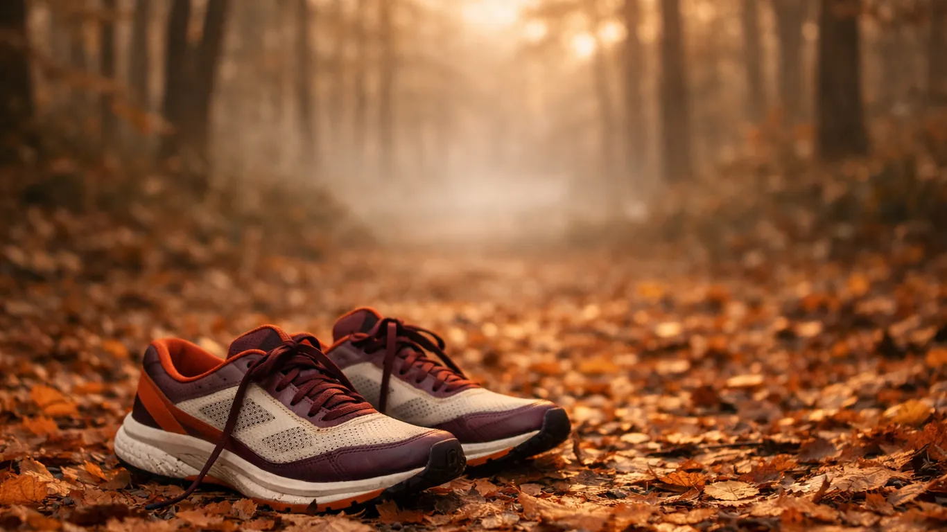Running shoes on a forest path covered in orange leaves at dawn, Virgo anti-blues remedy