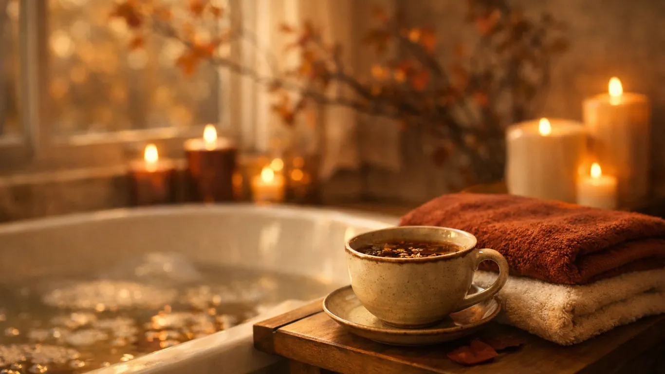 Candlelit bath in golden autumn light, Leo anti-blues remedy