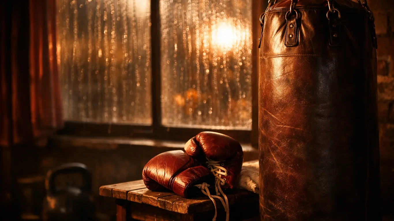 Punching bag and boxing gloves in a gym on a rainy day, Scorpio anti-blues remedy