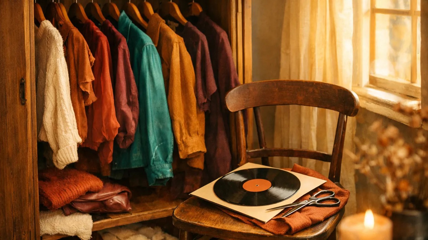 Open closet with colorful clothes, scissors and a vinyl record, Aquarius anti-blues remedy