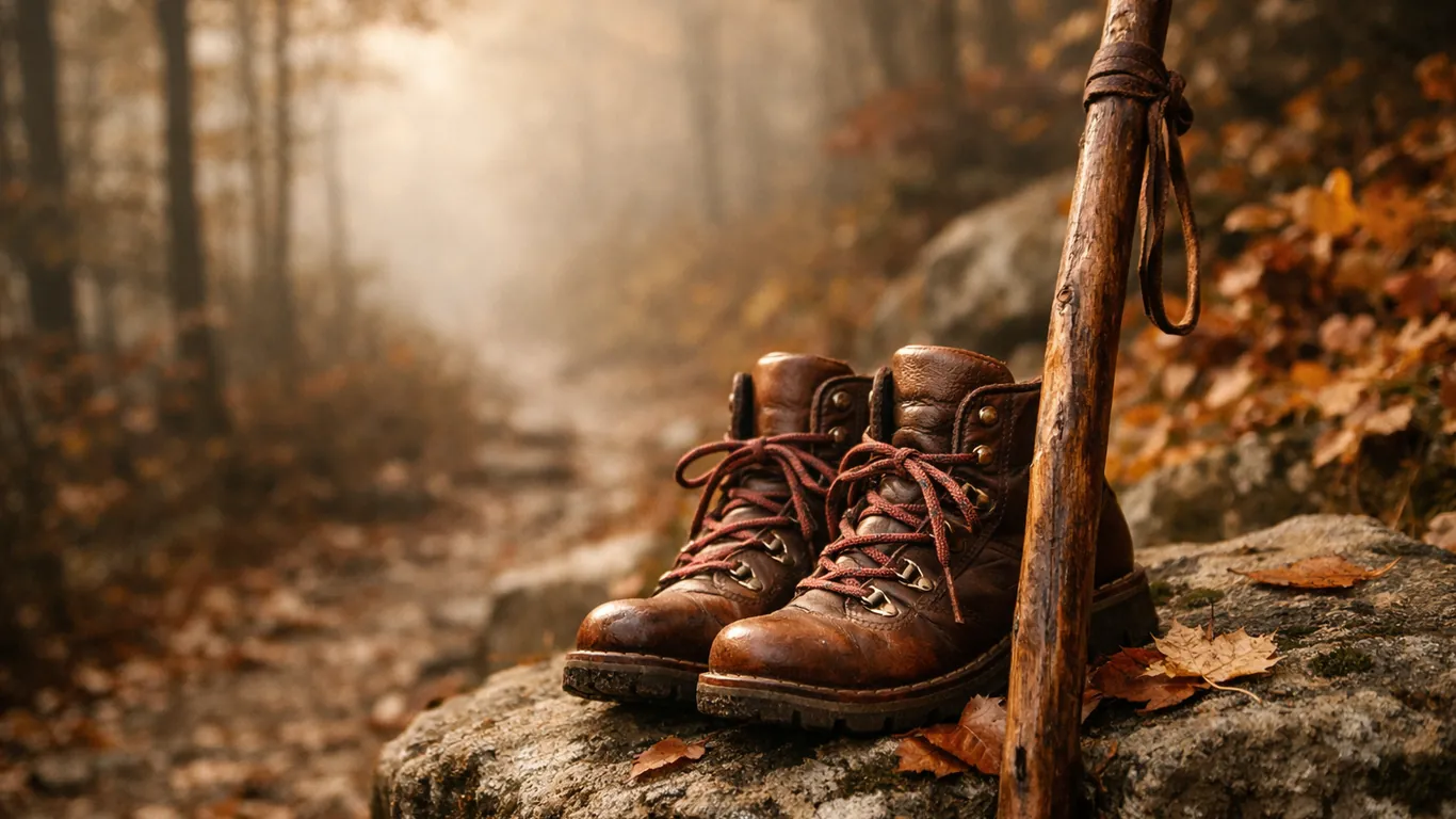 Hiking boots and a walking stick on a misty mountain trail in autumn, Capricorn anti-blues remedy