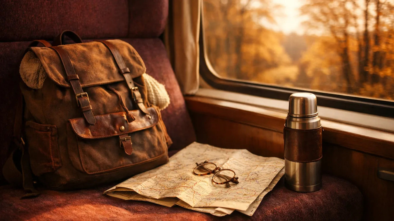 Backpack, map and thermos on a train seat facing the autumn countryside, Sagittarius anti-blues remedy