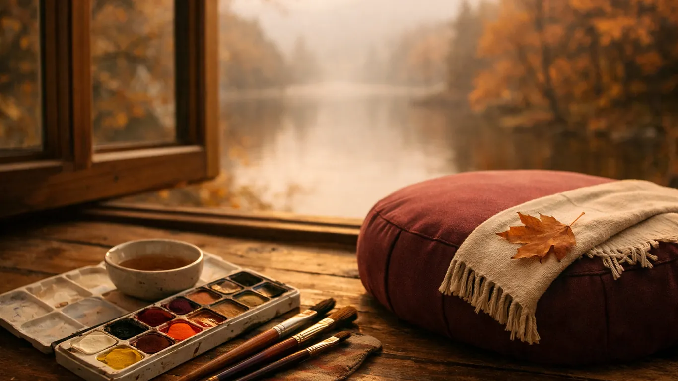 Watercolor palette and meditation cushion in front of a misty lake, Pisces anti-blues remedy